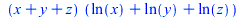 `*`(`+`(x, y, z), `*`(`+`(ln(x), ln(y), ln(z))))